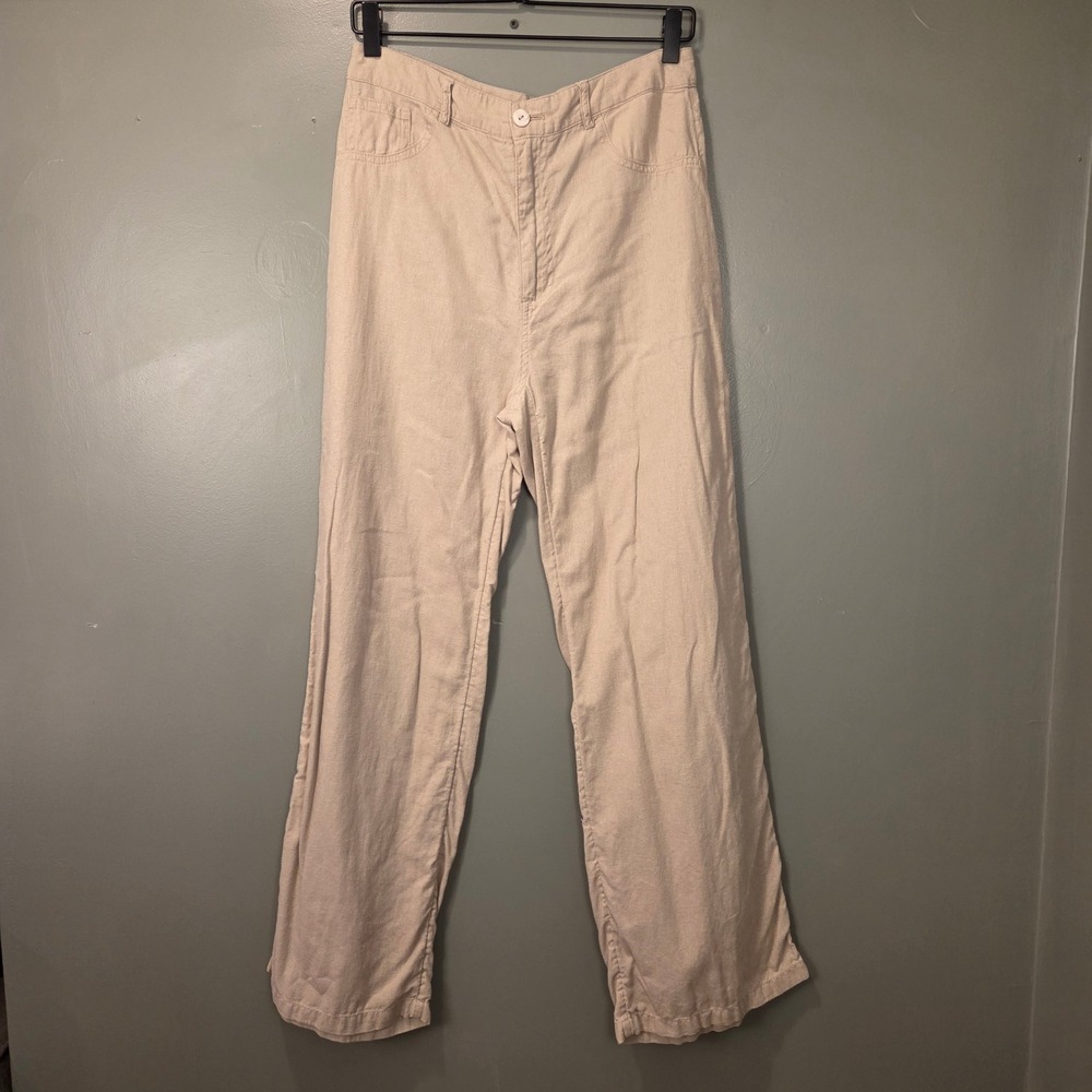 Only Women's High Waist Wide Leg Linen Blend Pants Size M 32‎ Light Tan